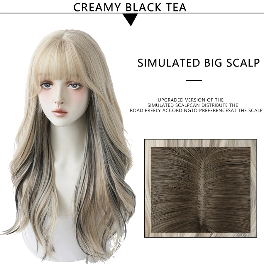 Synthetic Blend Wigs 7JHH WIGS Long Wavy Curly Hair Highlights Wigs With Fluffy Bangs For Women's Daily Wear