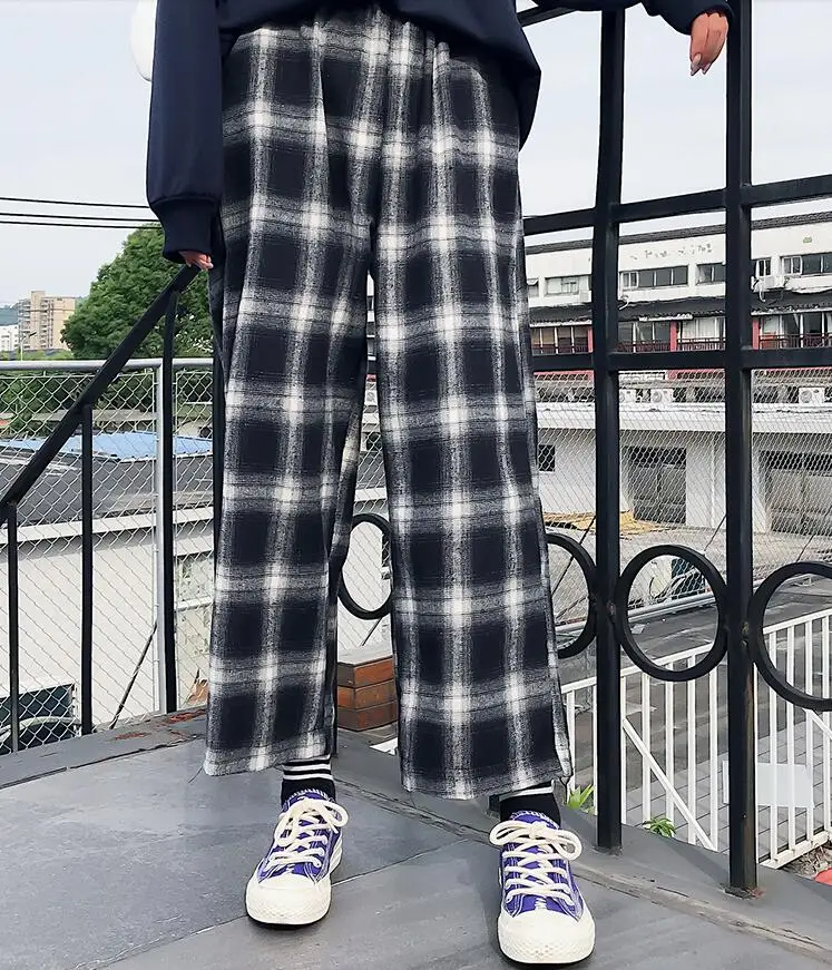 black blue plaid Решетки девять брюки женские осенние новые свободные Harajuku ретро Высокая талия широкие брюки - Цвет: black blue plaid
