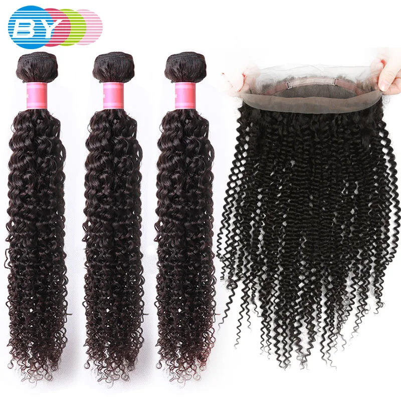 

BY Kinky Curly Bundles With Frontal Brazilian 360 Frontal With Bundles Human Hair 3 Bundles With Frontal Remy Hair Extension