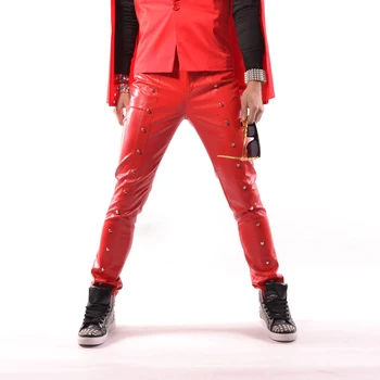 

Heren Kleding Trendy Men's Red Rivet Decorative Leather Pants Trousers Casual Pants Korean Men Costume Hip Hop Men Fashions Pant