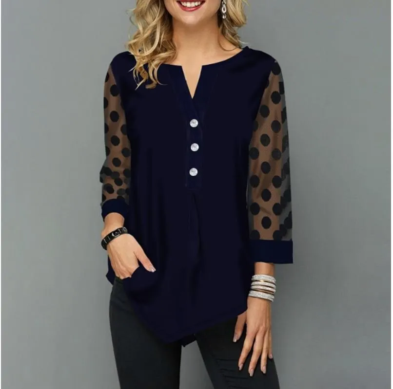Shirt Blouse Plus Size 5xl Solid Black Tops V-neck Button splice Mesh Nine Points Sleeve Spring Summer Casual Loose Women Shirt