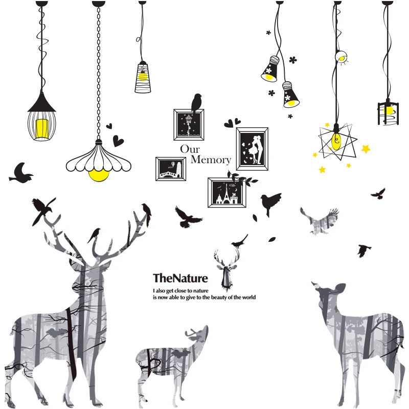 [SHIJUEHEZI] Forest Deer Birds Wall Stickers Vinyl DIY Chandelier Photo Frame Mural Art for Living Room Sofa Backdrop Decoration