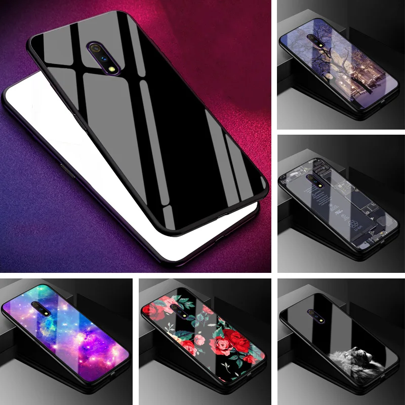 

For Oppo Realme X Case RealmeX Marble Pattern Black Tempered Glass Back Cover For Oppo realme X Lite XLite Phone Case Fundas