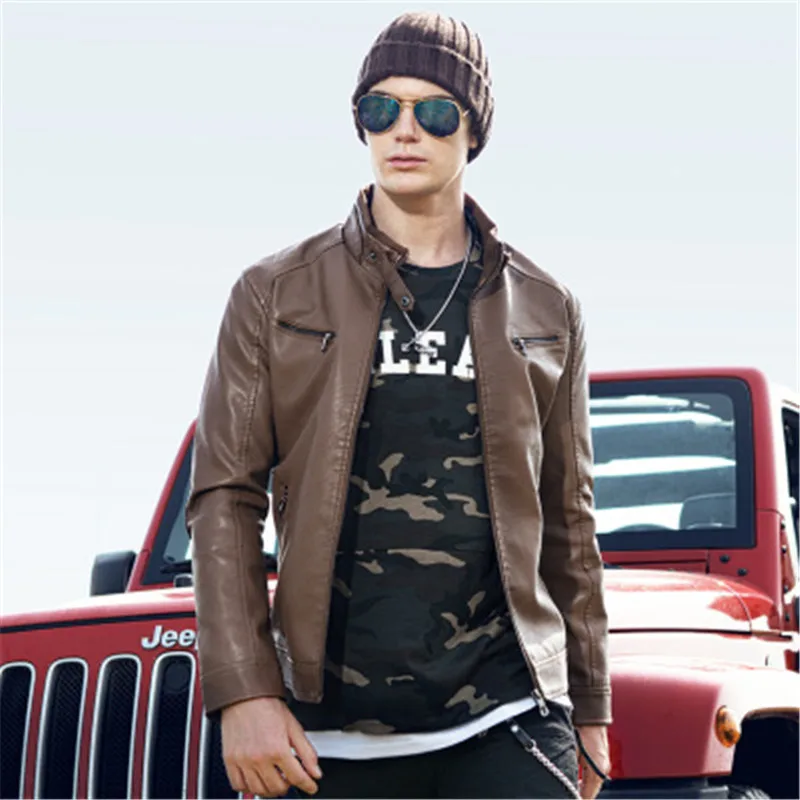 Мужская кожаная куртка с воротником стойкой и длинным рукавом на молнии|Куртки