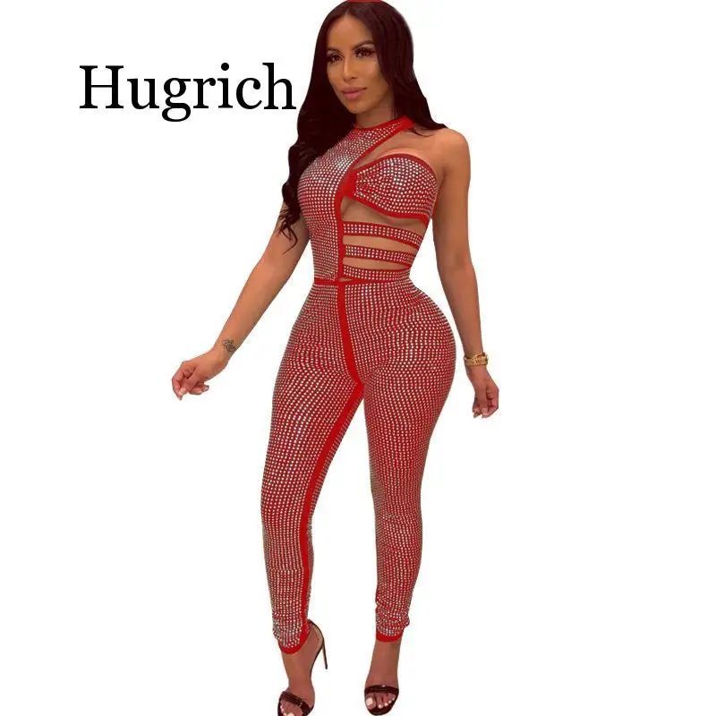 

Shiny Rhinestones Sexy Bodycon Jumpsuit Women Waist Band Cut Out Sleeveless Party Bodysuit Elegant One Shoulder One Piece Romper
