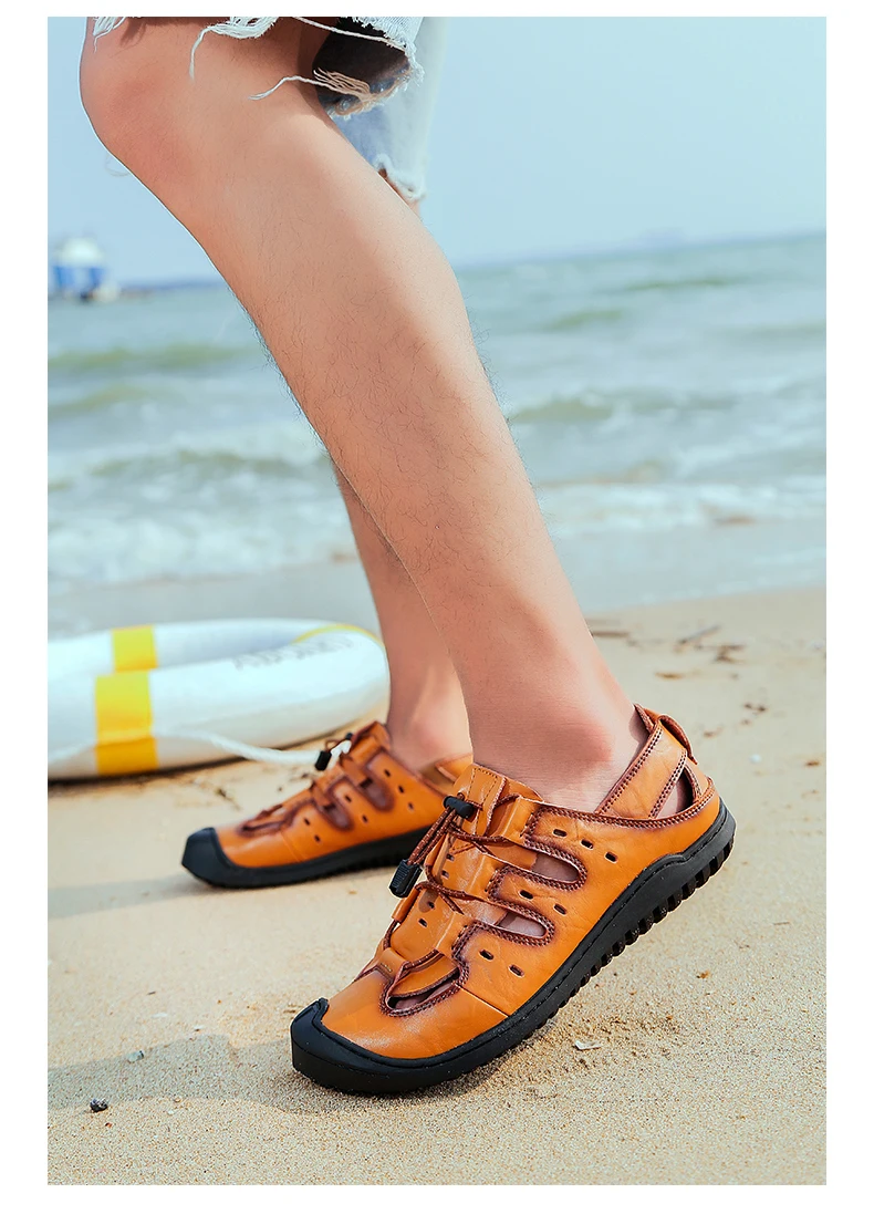 Men Leather Beach Sandals Summer Outdoor Shoes for Male Breathable Handmade Casual Footwear Slip On Walking Sandals