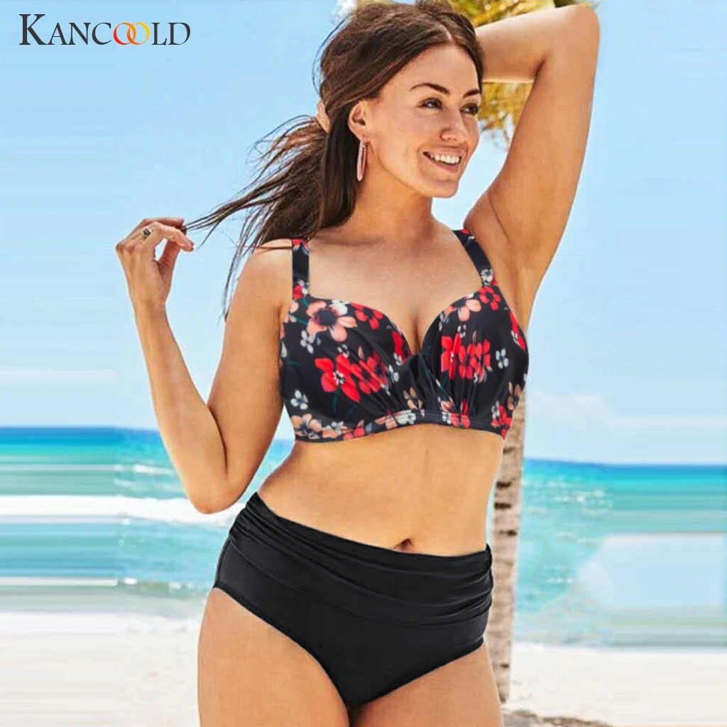 

KANCOOLD Sexy Plus Size 4XL Swimwear Women High Waist Bikini Set red Floral Swimwear Large Size Ladies Swimsuit Suit Women