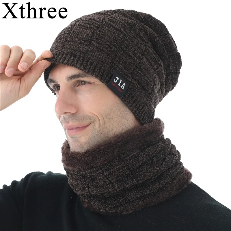 Xthree зимние мужские шапочки Skullies шапка для мужчин шенилл вязаная шапка шарф с подкладкой мужские шапочки зимние шапочки - Цвет: hat scarf set  brown