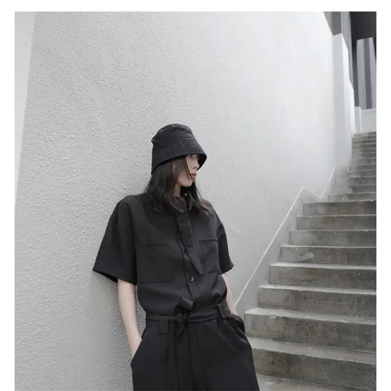 Spring and Autumn women's new scarf tie collar symmetrical pocket short sleeve solid color waist tie tight short sleeve jumpsuit