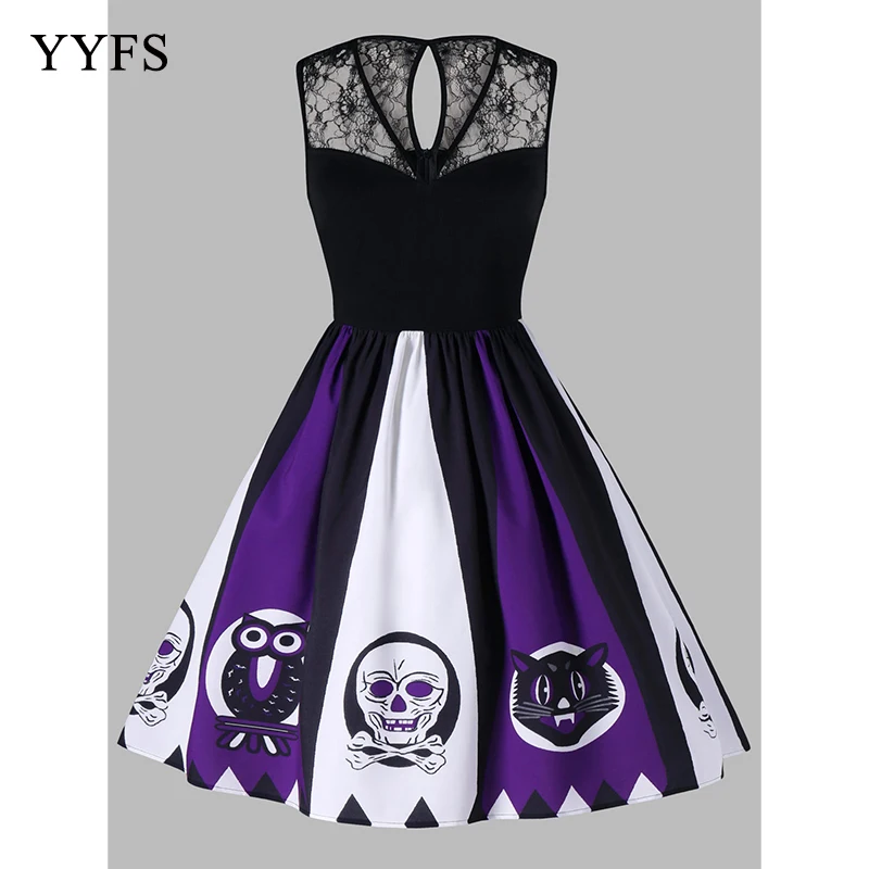 

Lace Panel 2019 Women's Bat Pumpkin Halloween Dress Fake Two Vintage Party Dress Half Sleeve Black Orange Swing Dress Plus Size