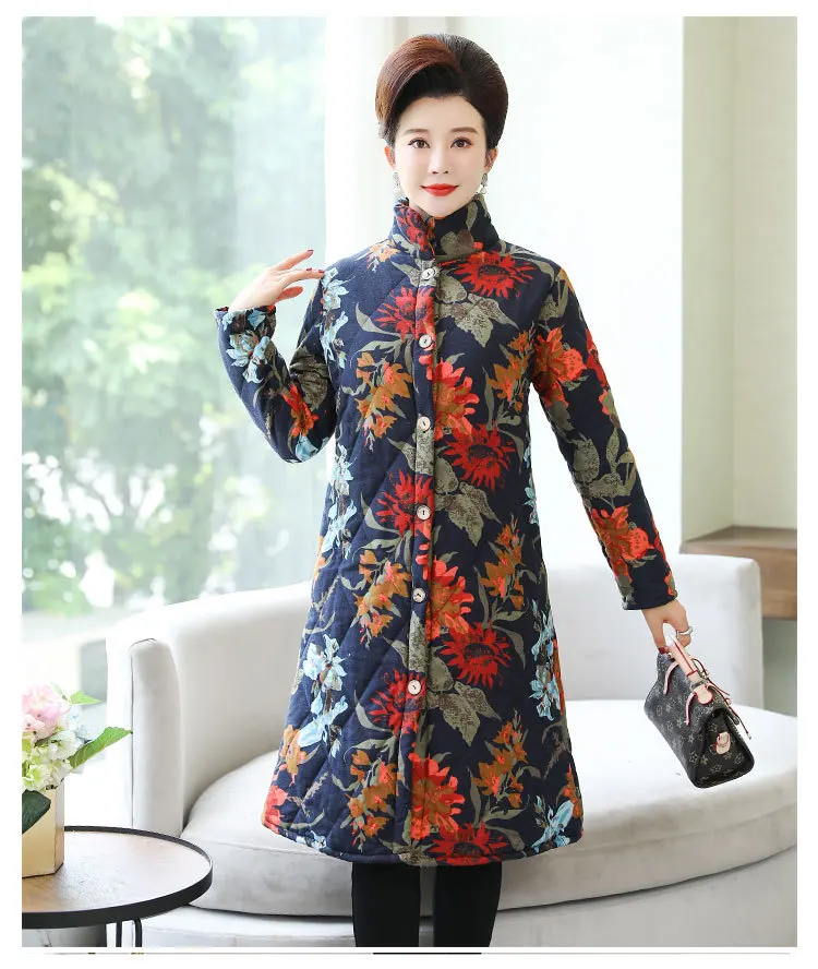 Autumn And Winter Large Size Ethnic-Style Middle-aged Women Dress Cotton Linen Padded plus Velvet Cotton-padded Clothes Mid