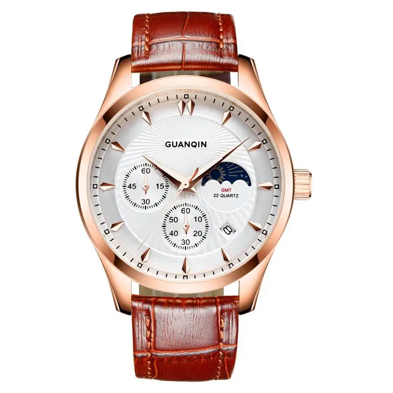 GUANQIN GQ80069 Moon phase GMT Лидирующий бренд часы для мужчин Новая мода мужской водонепроницаемый кожаный ремешок наручные часы Reloj Hombre - Цвет: Серый