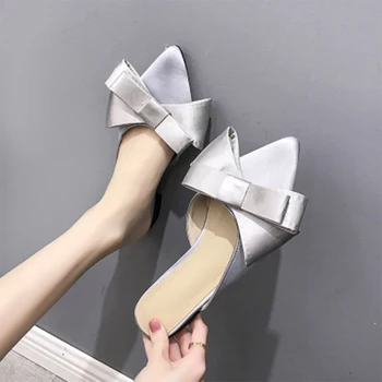 

Bow Mules Woman 2020 Women Slippers Elegant Women's Sexy Pointed Toe Ladies Fashion Low Heels Female Casual Outdoor Shoes