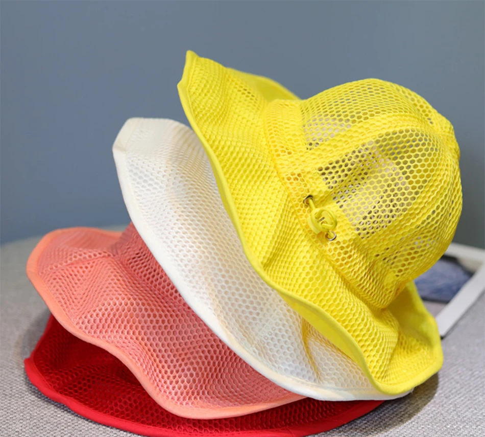 New Children Sunscreen With Net Bucket Hat Girl Solid Color Breathable Sun Hat Summer Boy Outdoor Adjustable Fisherman Hat shake baby's hand