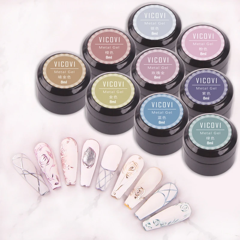 

VICOVI 9 Color Nail Art Metal Painted Glue Phototherapy Glue Gold and Silver Brushed Glue Metal UV Gel Nail Polish Glue TSLM2