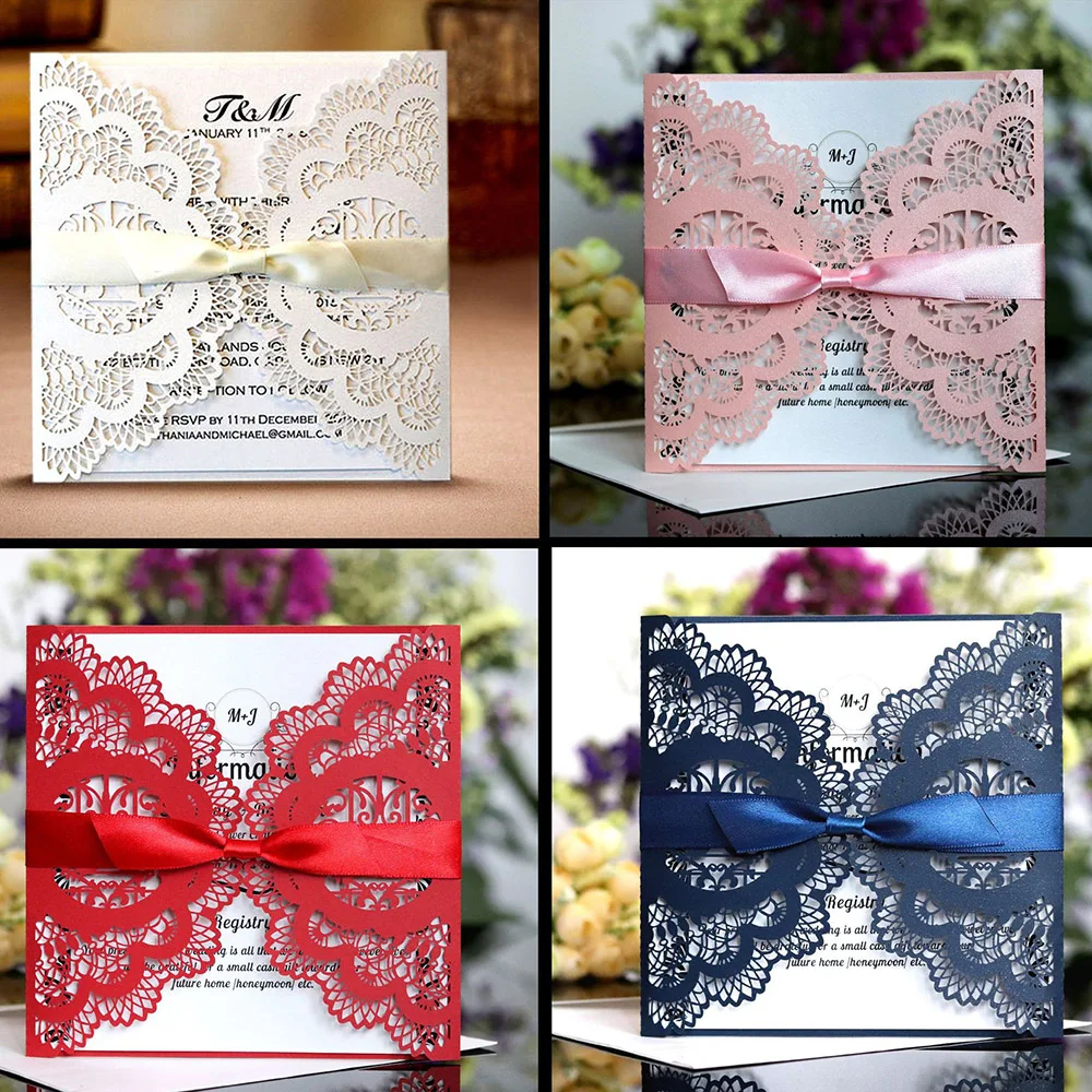 10pcs/Pack Elegant Laser Cut Wedding Invitations Card Paper With Ribbon Envelopes Square Lace Custo - 4.00027E+12