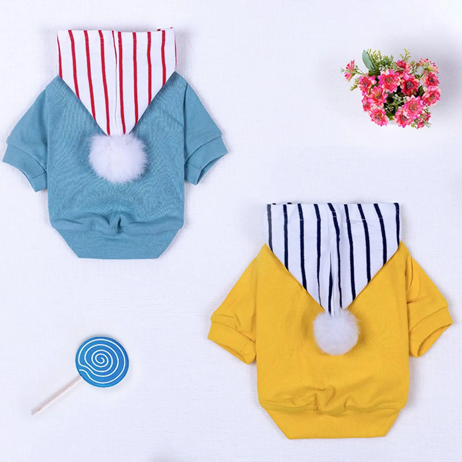 

Print Hoodie for Small Dogs Pet Clothes Sweatshirt Striped Pattern Plush Ball Hoodie Cotton Teddy Dog Clothes Pet Sweater Outfit