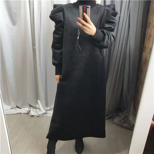 Хлопковое плотное платье с пышными рукавами для женщин, новинка зимы, женское платье, модное однотонное платье с длинным рукавом, женская одежда Y154