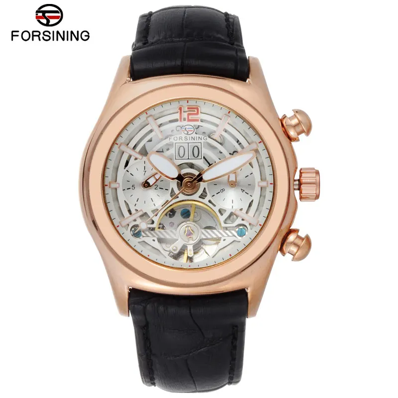 

FORSINING Convex Glass Stylish Tourbillion 3D Designer Genuine Leather Strap Mens Watches Top Brand Luxury Automatic Watch Clock