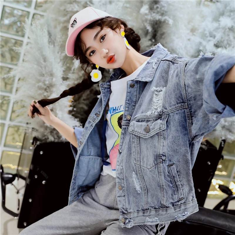 

2019 autumn and winter new China robe femme Harajuku street denim jacket hole loose long sleeve lapel blue cotton coat woman