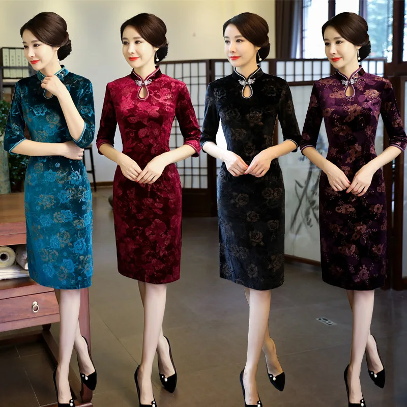 Элегантный тонкий Cheongsam женское традиционное Qipao осенне-зимнее велюровое вечернее платье Vestidos оверсайз M-4XL