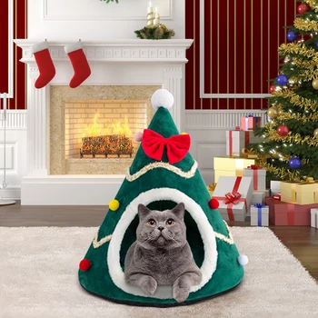 

Christmas Pet Bed Cute Christmas Tree Shape Cat Tent Winter Warm Soft Cat Dog House Pet Nest For Cats Kittens Small Animals