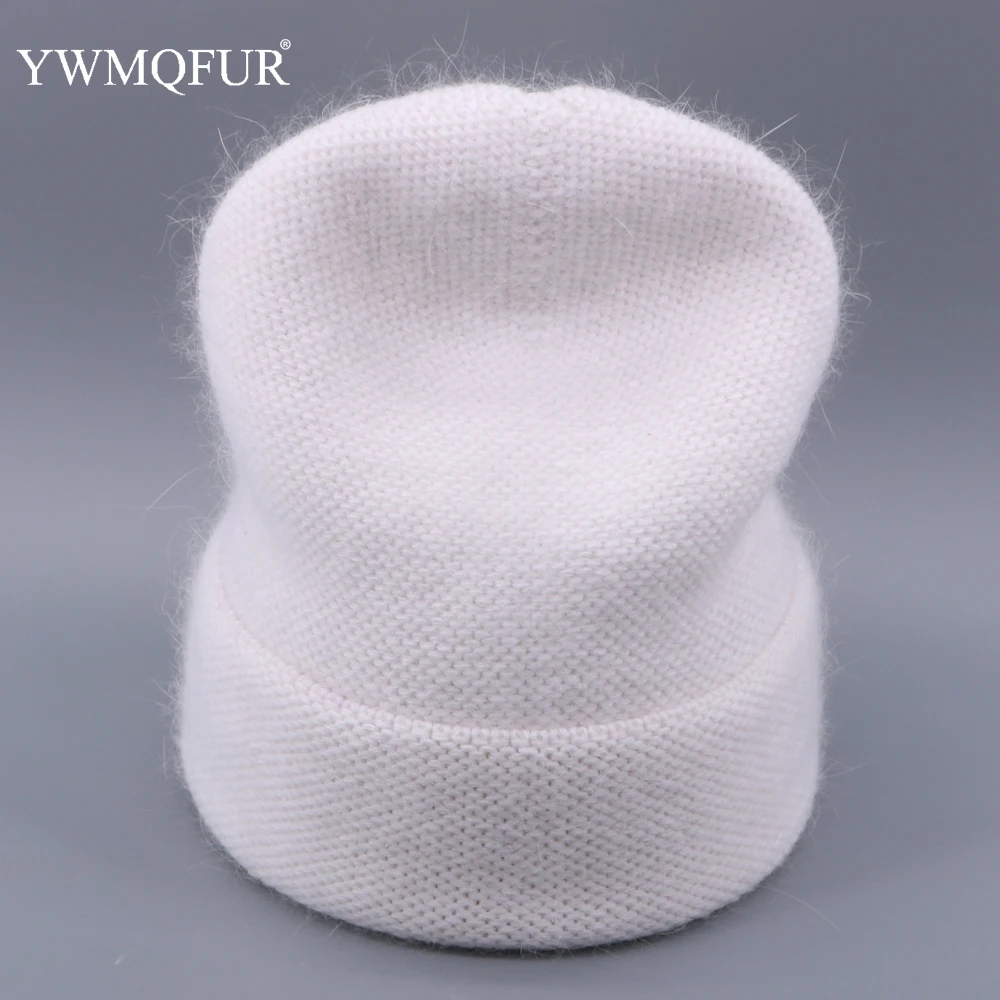 

Winter Vintage Rabbit Fur Knitted Skullies Hat For Women Female Beanie Caps Solid Warm Lady Gorro Ski Girl Hats 2019 New Style