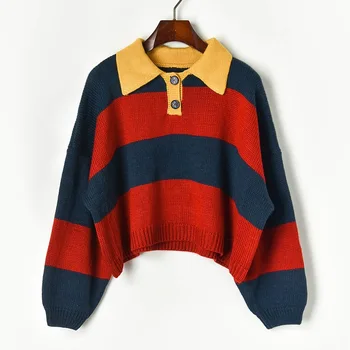 

Women Oversized Cropped Sweater 2019 Winter Contrast Color Wide Striped Turn-down Collar Loose Sweater Lazy Oaf Pullover P-217