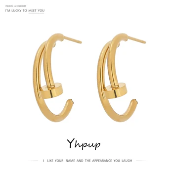 

Yhpup Minimalist Stainless Steel Metal Earrings for Women Luxury Rhinestone Jewelry Stylish Irregular Geometric Gold Earrings
