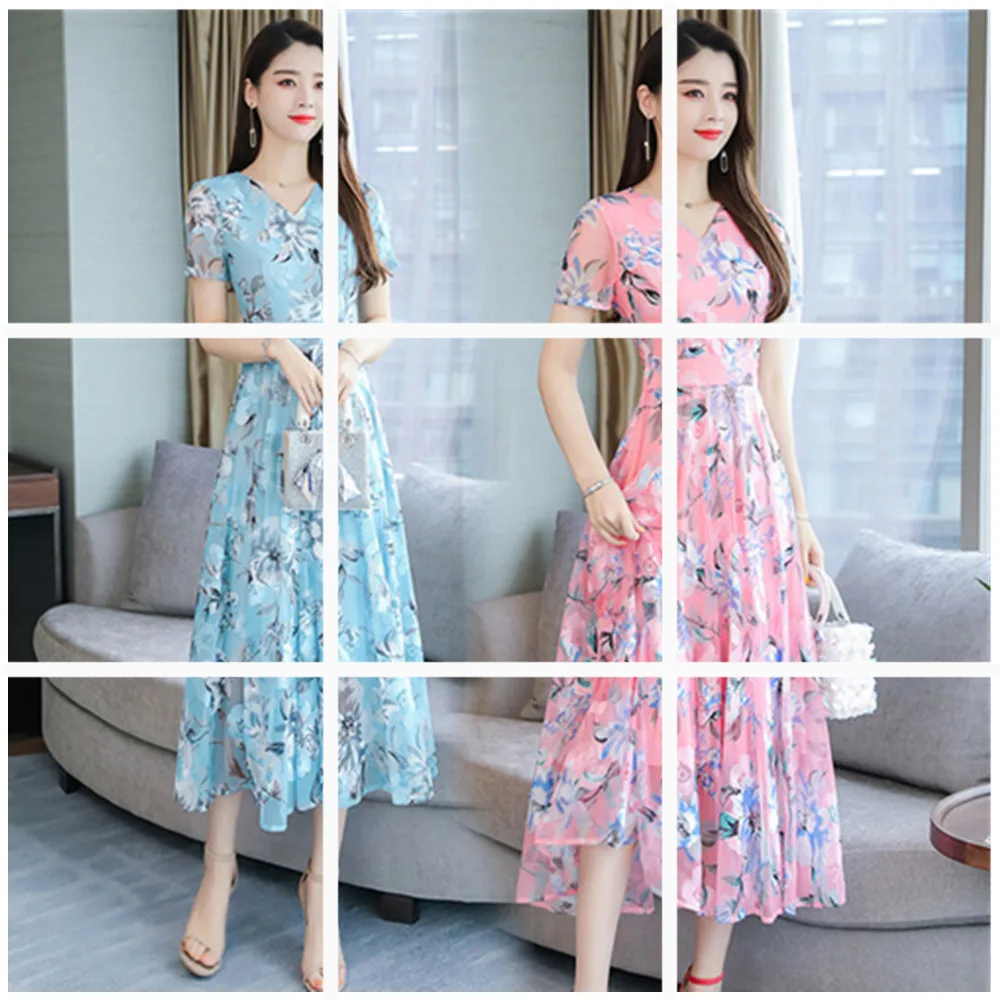 

Summer New Style Short Sleeve V-neck Printed Waist Hugging Dress Slim Fit Slimming Elegant Mid-length WOMEN'S Dress