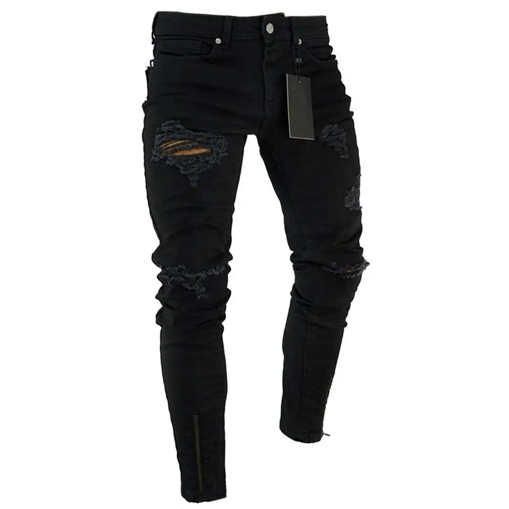 Fashion Men Ripped Skinny Jeans Stretch Destroyed Frayed Slim Fit Denim Pant with Zipper Pencil Pants Trousers Men Clothes photo