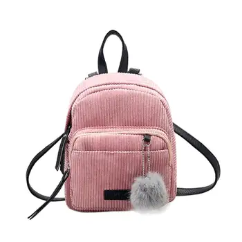 

Corduroy Little Backpack Cute Hair Bulb Pendant Backpack Adorable Girl Chain Backpack (Pink)
