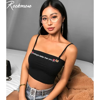 

Rockmore Spaghetti Straps Women Letter Printed Off Shoulder Sexy Crop Top Skinny Strappy Vest Backless Camis Streetwear Camisole
