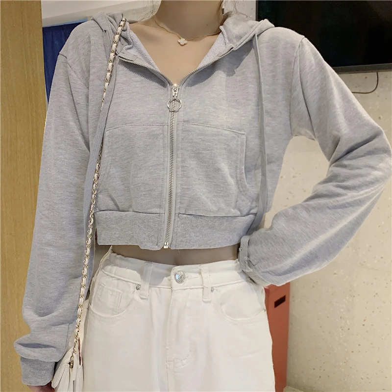 

2020 Autumn New Pure Color Cardigan Short Hoodies Trendy Korean Loose Hoodie Women Simple Casual All-Match