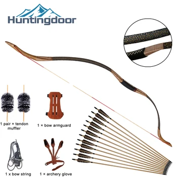 

2020 Hot Huntingdoor Traditional Handmade Bow Longbow with True Feather Wood Arrows Hunting Recurve Archery Bow Set Accessories