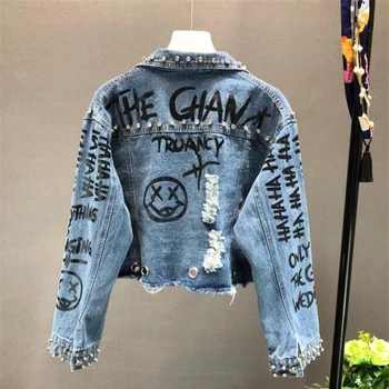 

Beading Spring Autumn New 2020 Diamond Graffiti Printed Short Design Denim Jacket Coat Casual Women Cowboy Jeans Coats Outerwear