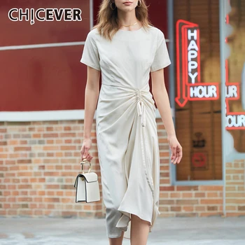 

CHICEVER Elegant Asymmetrical Ruched Women's Dress O Neck High Waist Short Sleeves Midi Dresses Female 2020 Summer Tide Clothes