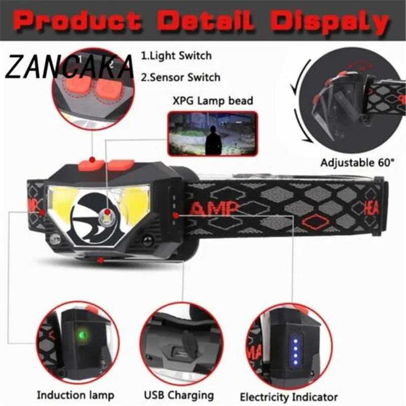 ZANCAKA, usb зарядка, 1000 мА/ч, Красный светильник, для езды от комаров, рыболовный головной светильник, для улицы, водонепроницаемый, для верховой езды, светодиодный, датчик жестов, фары
