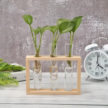 

Transparent Glass Vase Wood Frame Iron Art Terrarium Bonsai Table Ornaments