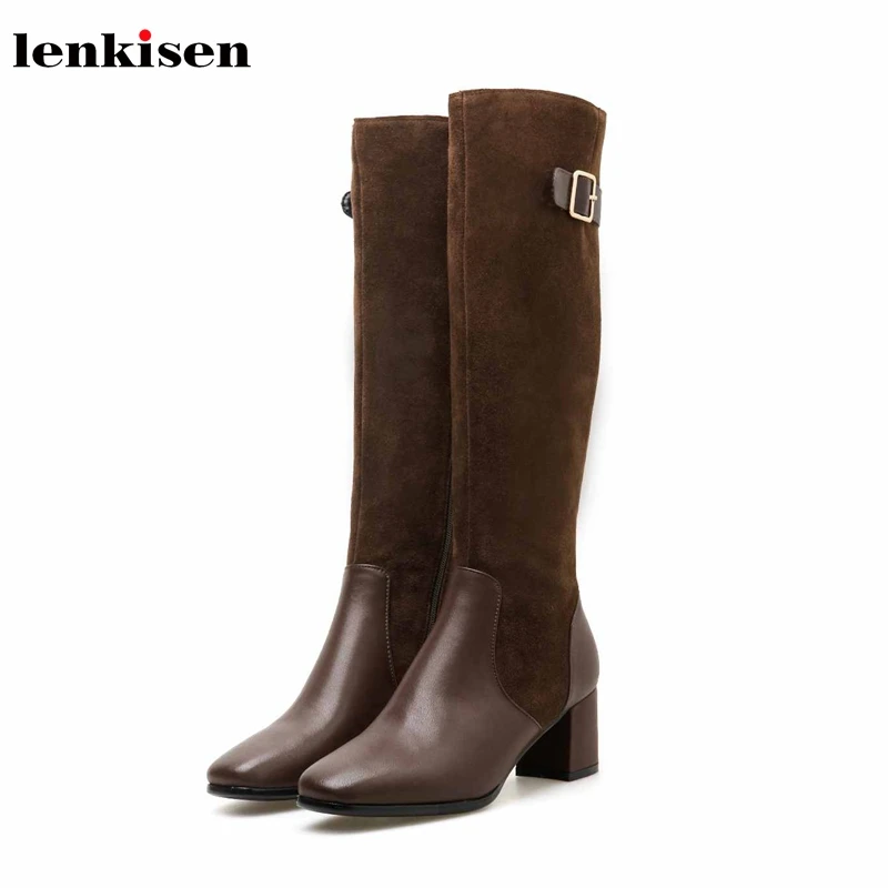 

Lenkisen simple knight boots genuine leather high heels square toe buckle straps gentl winter keep warm thigh high boots L16