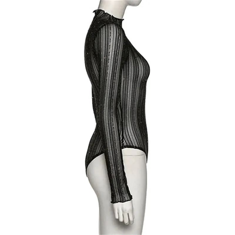 Women Sexy Mesh Striped See-through Bodysuit Jumpsuit 2020 Turtleneck Long Sleeve Bodycon Slim Black Bodysuit Clubwear Romper