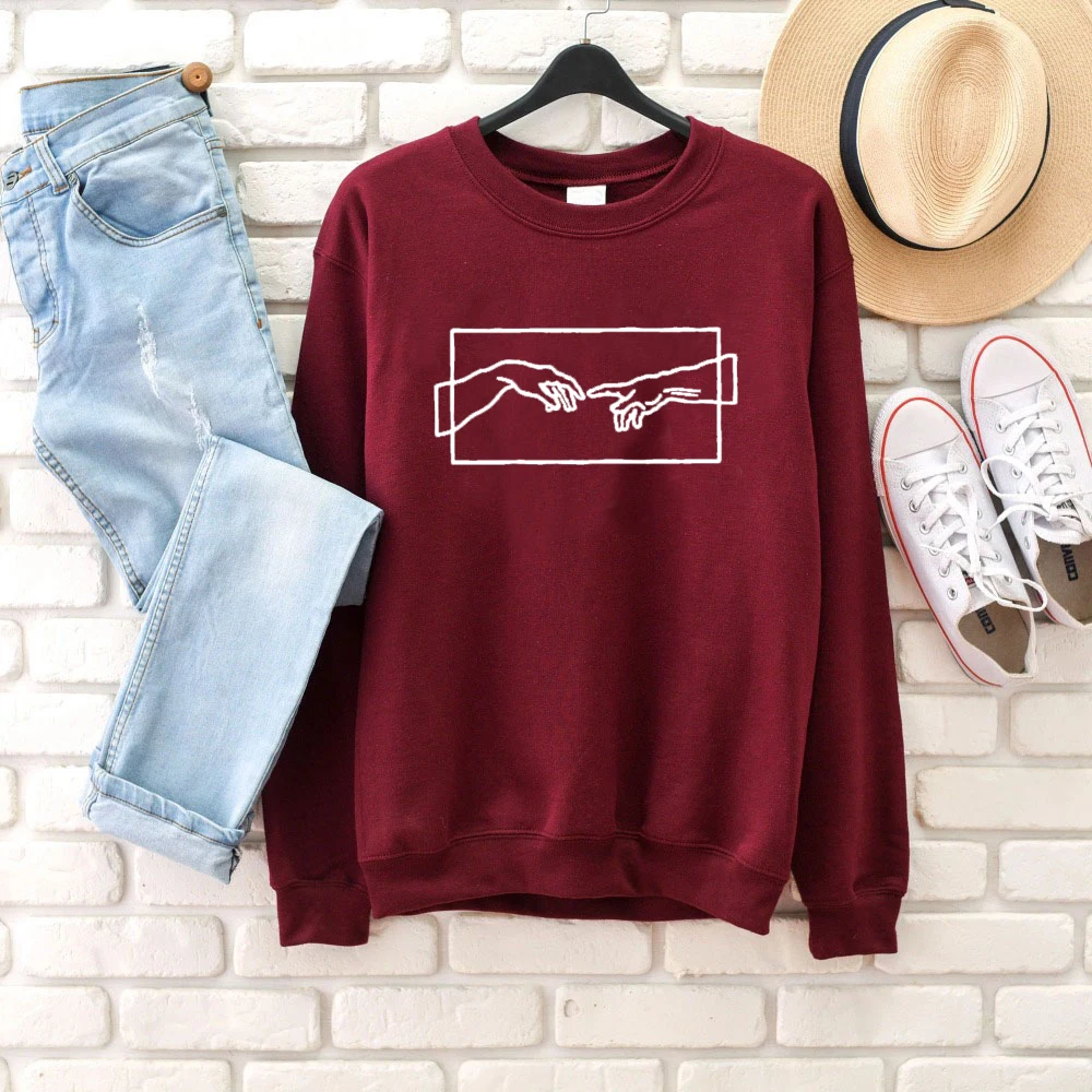 Burgundy-white txt Adam's Hand hands of god толстовка женская мода унисекс Чистый хлопок Графический религиозный христианский Библейский крещение пуловеры искусство Топы - Цвет: Burgundy-white txt