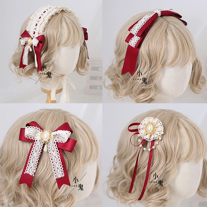 

Origional Wine Red Color Japanese Style Soft Sister Lo Niang Lolita Lace Hair Band Sweet KC Side Clip Hair Band Hair Accessories