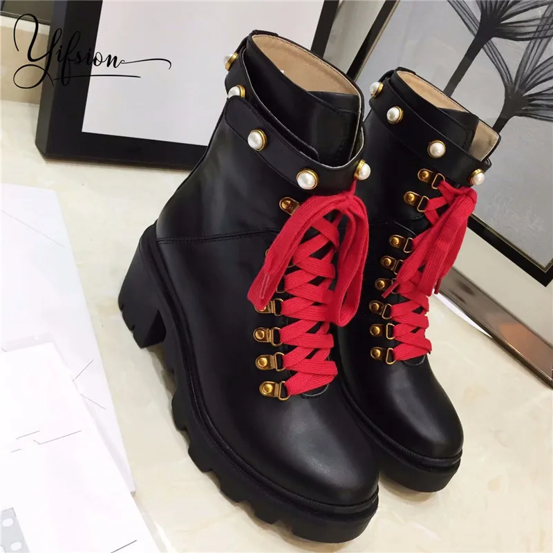 

OLOME New Branded Genuine Leather Women Gladiator Boots Round Toe Lace Up Sexy Platform Thick Heel Fashion Boots Shoes Woman