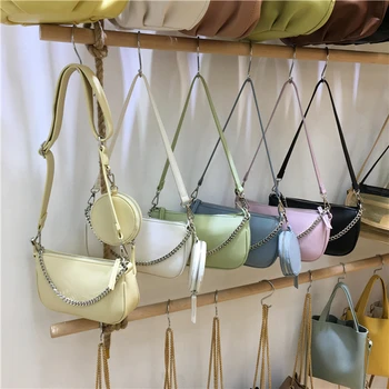 

Casual Chain Women Shoulder Bags Designer Wide Strap Crossbody Messenger Bag Lady Fashion PU Leather Baguette Bag Women Clutch