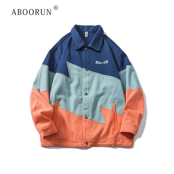 

ABOORUN Men's Vintage Denim Jackets Harajuku Oversized Patchwork Printed Jackets Autumn Cotton Coat for Male