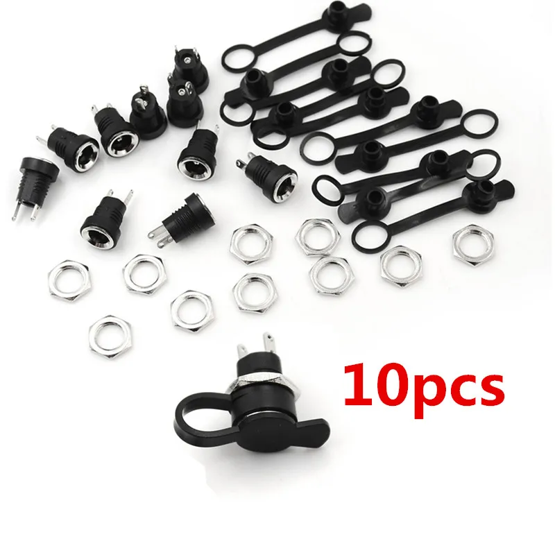 10Pcs/Set Black DC Power Jack Socket Female Panel Mount Connector Plug + Socket + Waterproof Cap 3 Sizes