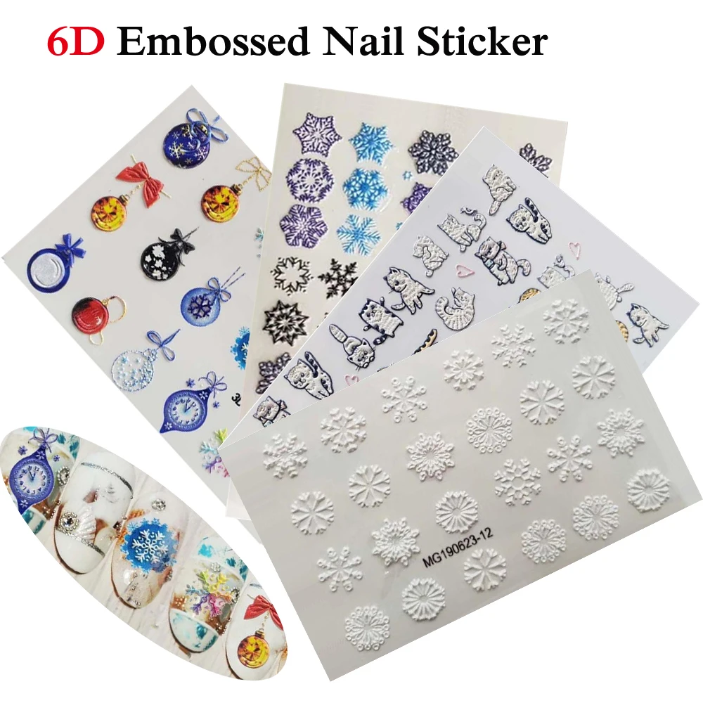 

1PC Christmas Acrylic Engraved Nail Sticker Embossed 6D design Water Transfer Nails Art Sticker Decorations
