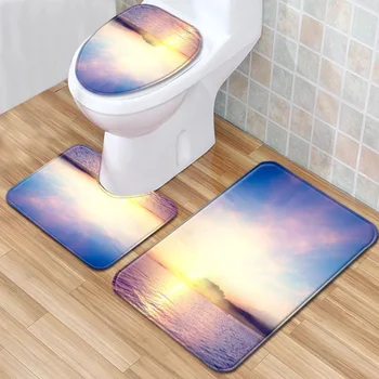 

Beach Scenery Bathroom Mat Three-Piece Bathroom Carpet Toilet Mat Set Door Mat Bathroom Non-Slip Mat