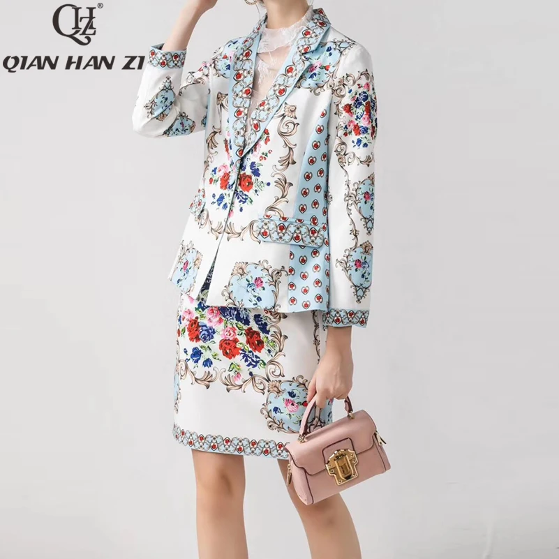 Цянь Хан Zi модное пальто; комплект из 2 частей Для женщин футболки с длинным рукавом на одной пуговице пальто узкого кроя+ Цветочный принт элегантное облегающее платье костюм с мини-юбкой